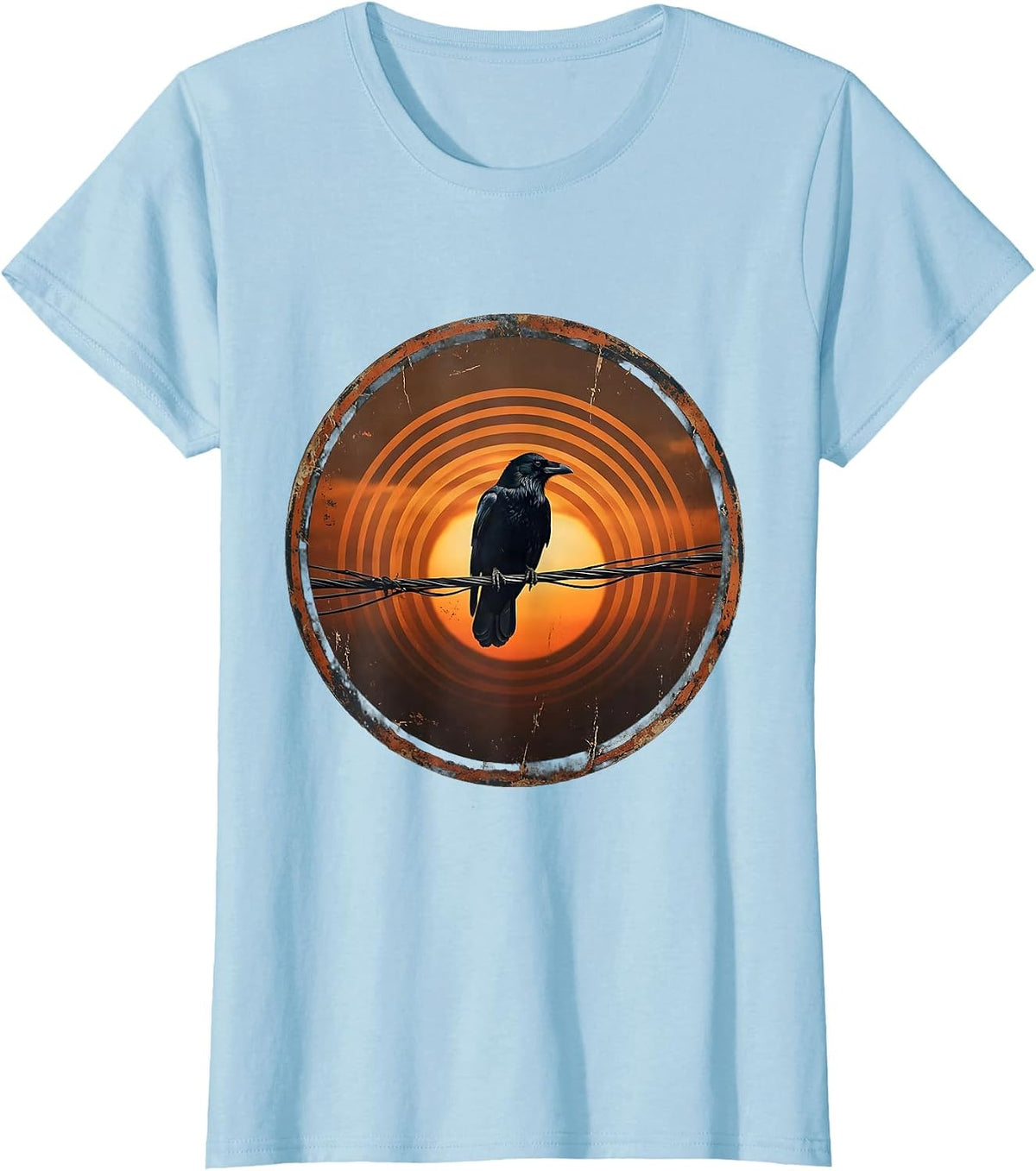 Crow Silhouette on Telephone Wire at Dusk T-Shirt - Baby Blue