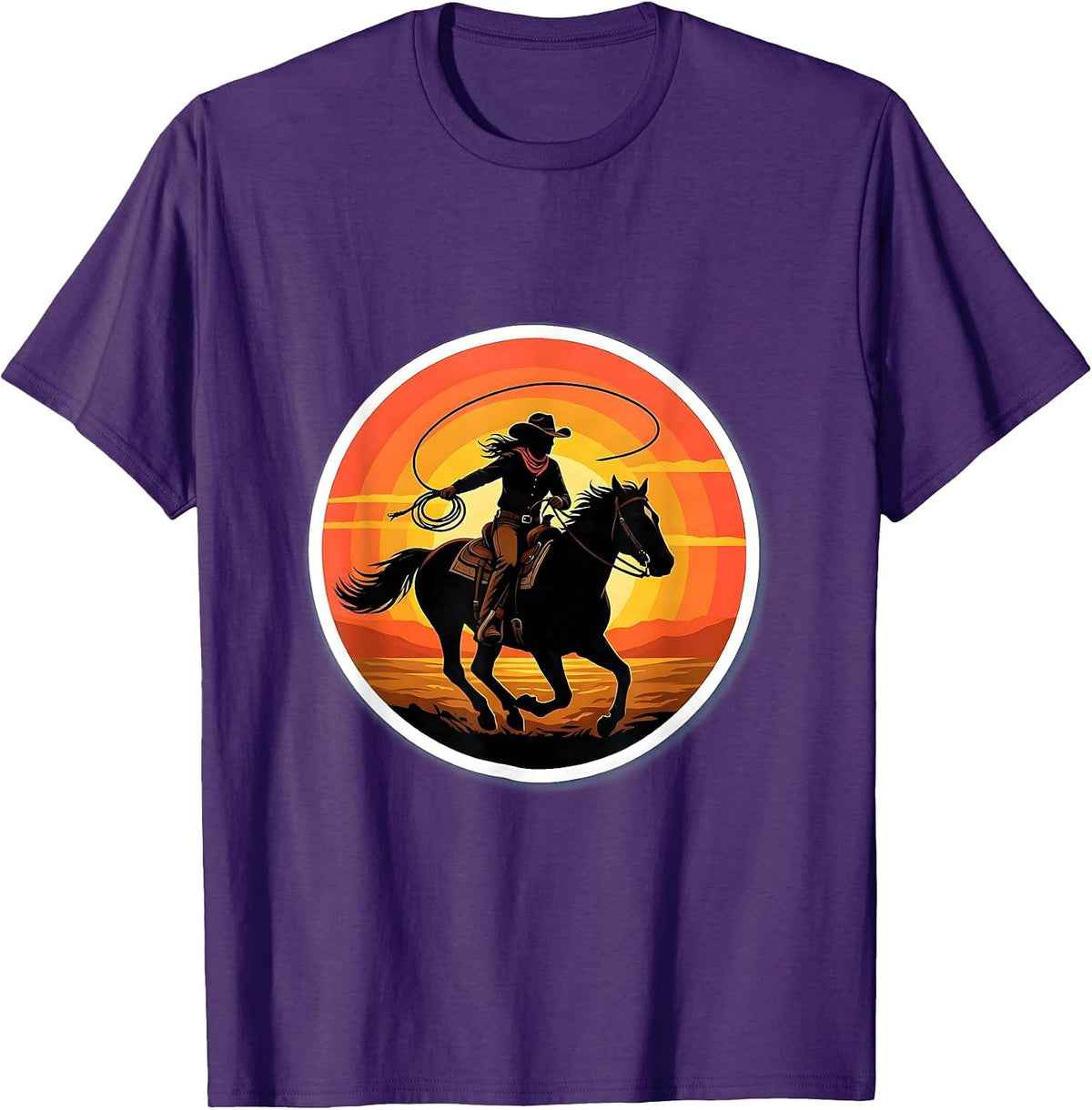 Cowgirl Riding Horse Sunset Silhouette T-Shirt - Purple