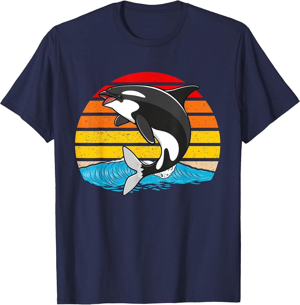 Orca Killer Whale Animated Vintage Retro Tees T Shirts with Waves and Sunset - Navy Blue