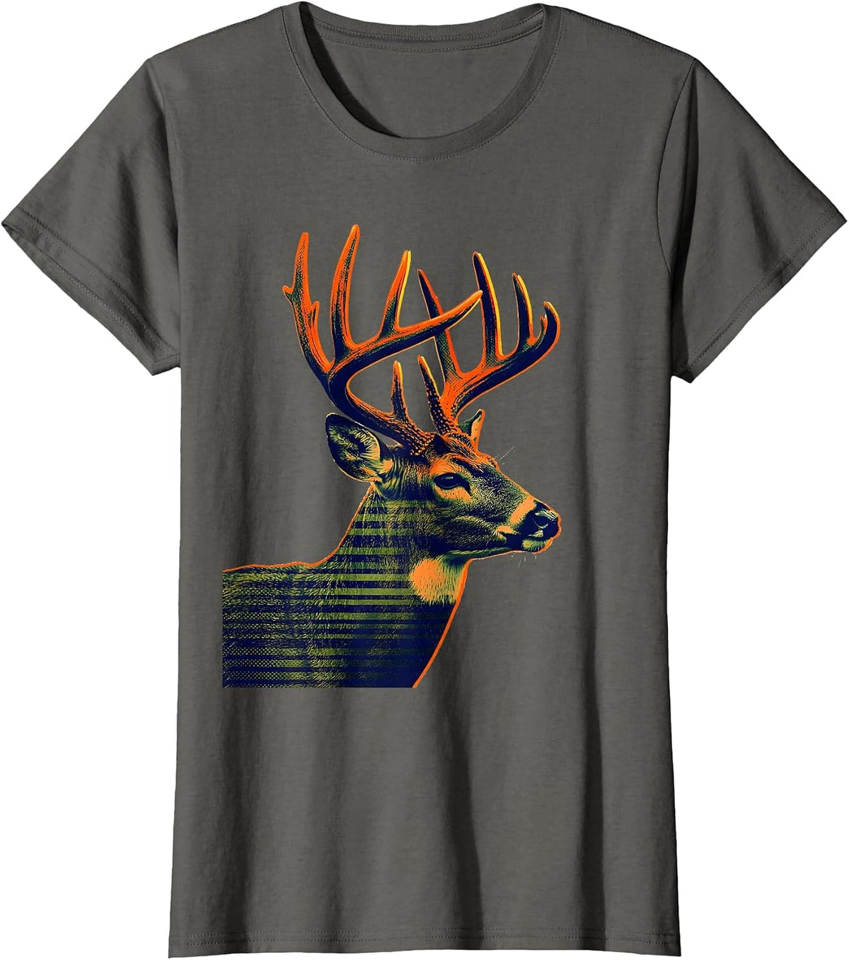 Women's Whitetail Buck Risograph Deer Hunter Gift Hunting Dad T-Shirt - Asphalt Grey