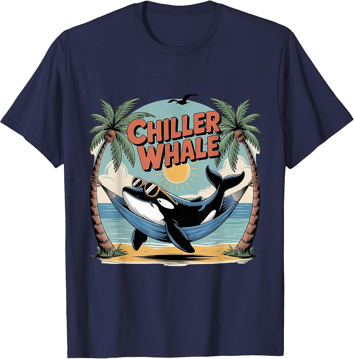 Chiller Whale Orca in Sunglasses in Hammock Beach Pun Funny T-Shirt - Navy Blue
