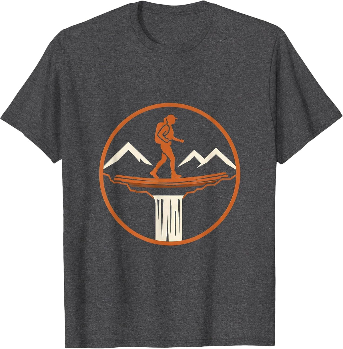 Hiker Crossing Log Bridge Over Waterfall T-Shirt - Dark Heather Grey