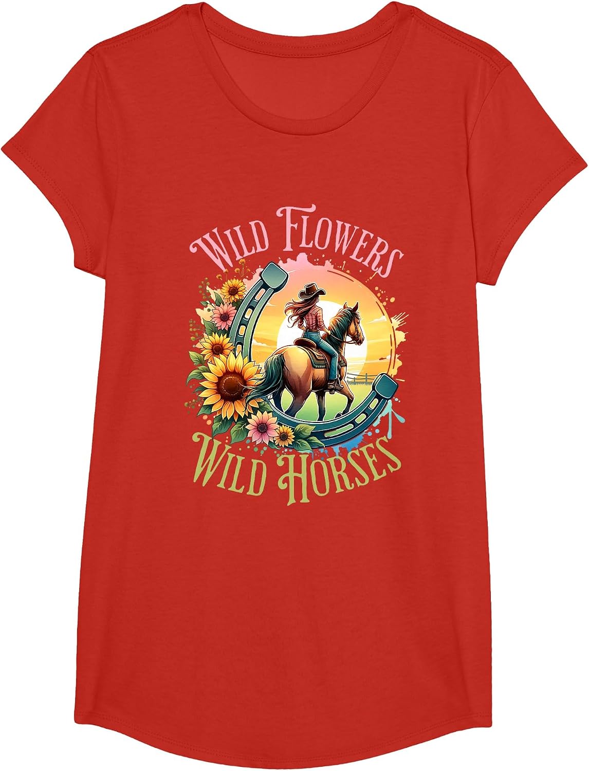 Wild Flowers & Wild Horses Country Sunset Western Cowgirl T-Shirt - Girls Red