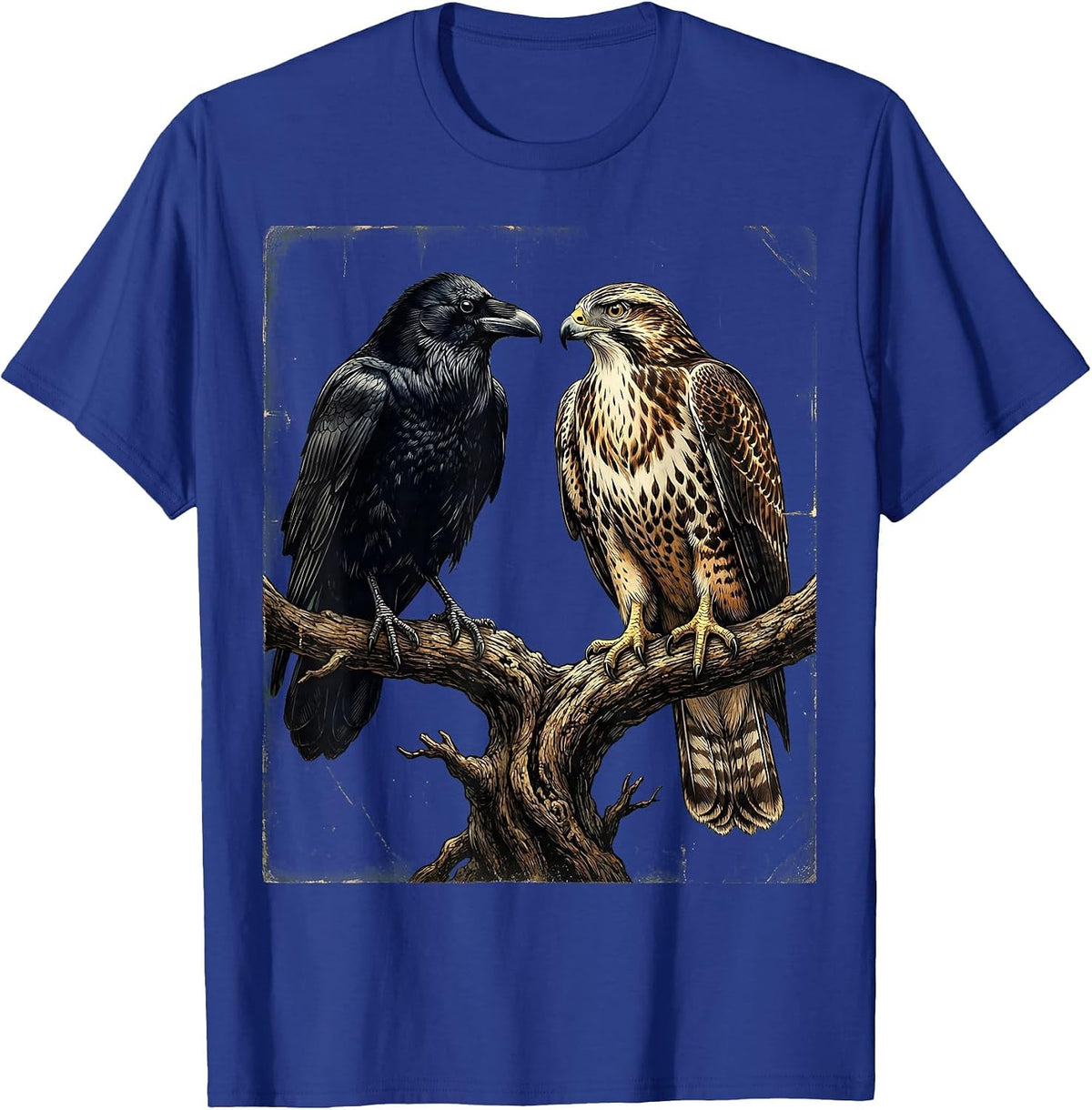 Hawk and Crow Face-to-Face on Branch Art T-Shirt - Royal Blue