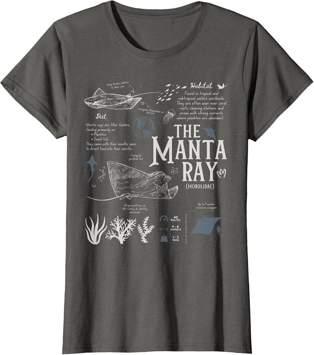 Manta Ray Biology Facts Marine Biology Sea Animal Anatomy T-Shirt - Asphalt Grey