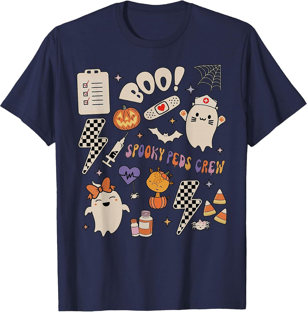 Boo Spooky PEDS Crew Ghost Pediatric Nurse Halloween T-Shirt - Navy Blue