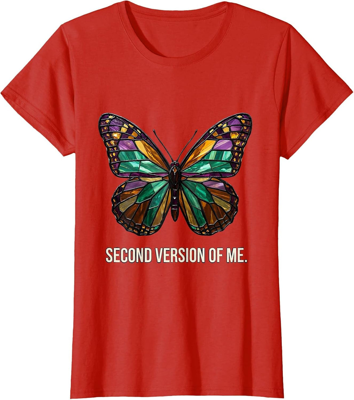 Second Version Of Me Stained Glass Mosaic Butterfly Lover T-Shirt - Red