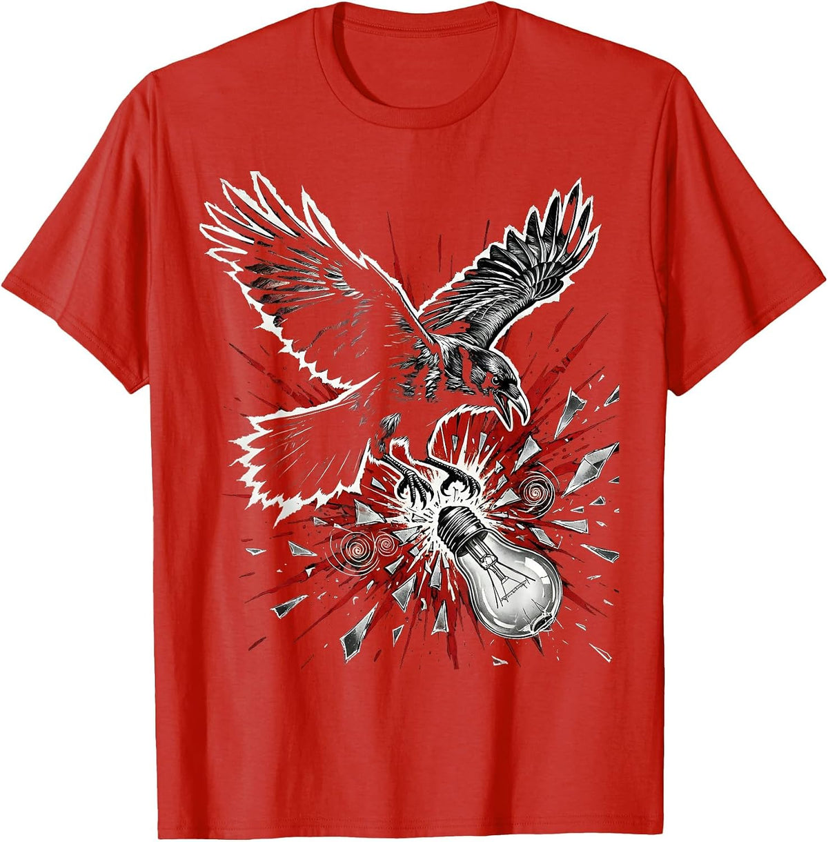 Men's Grunge Crow Smashed Light Bulb Dark Art Design T-Shirt - Red