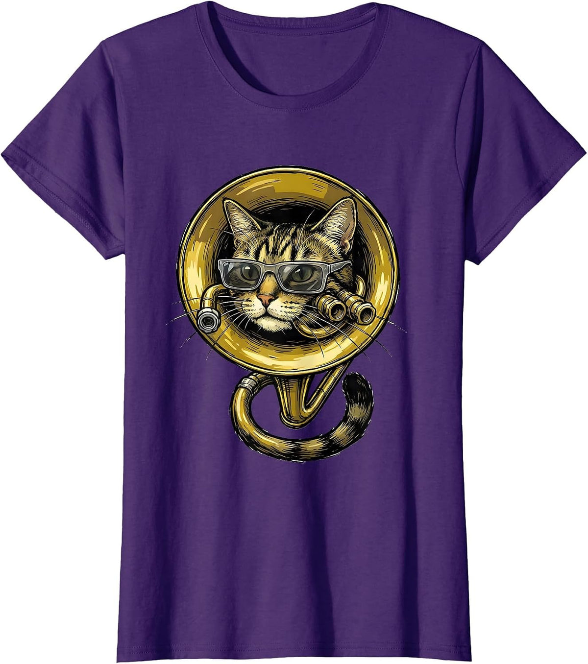 Women's Trumpet Cat With Sunglasses Funny Musician Humor T-Shirt - Purple