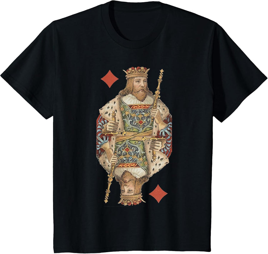 King of Diamonds Antique Art Nouveau Playing Card Art T-Shirt, Youth, Black, Medium - As Pictured
