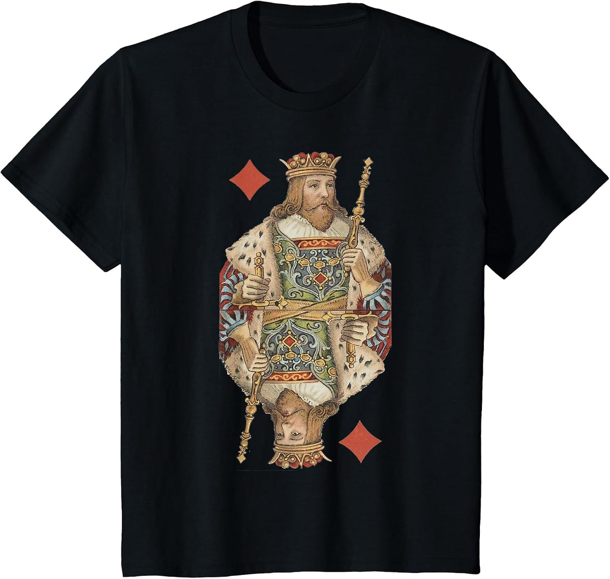 King of Diamonds Antique Art Nouveau Playing Card Art T-Shirt, Youth, Black, Large - As Pictured