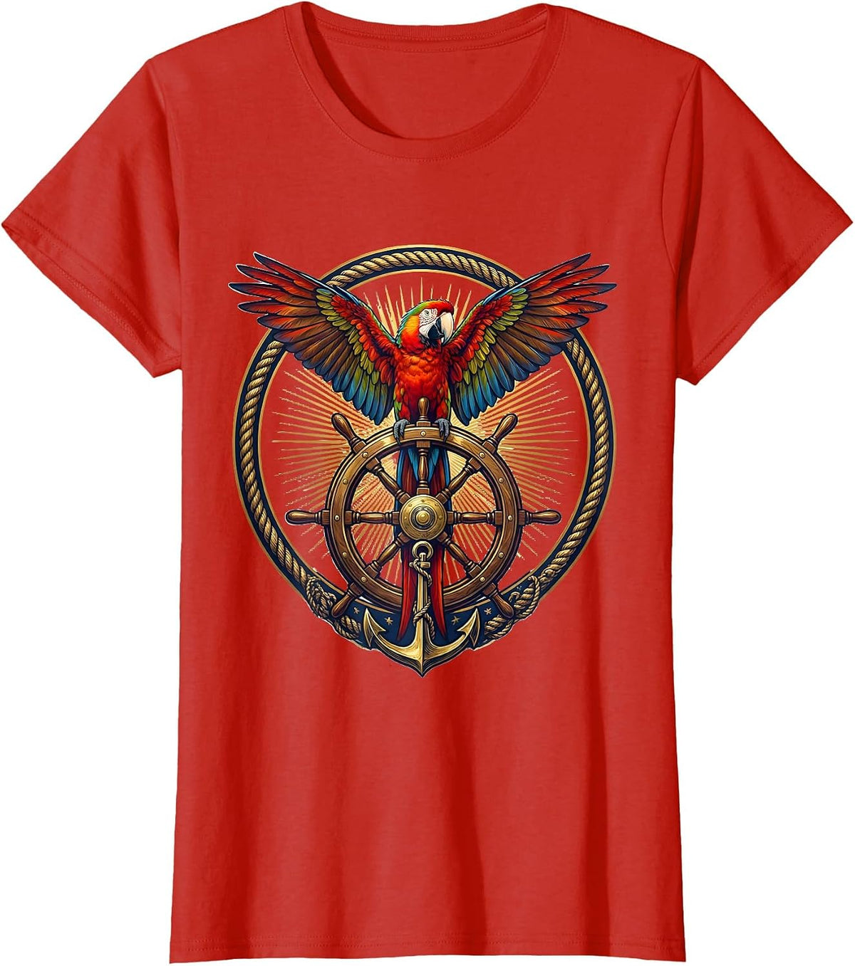 Tropical Parrot Ship Steering Wheel Cruise T-Shirt - Red