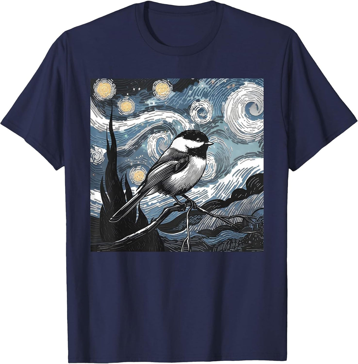 Black Capped Chickadee Bird Lover Starry Night Art Van Gogh T-Shirt - Navy Blue