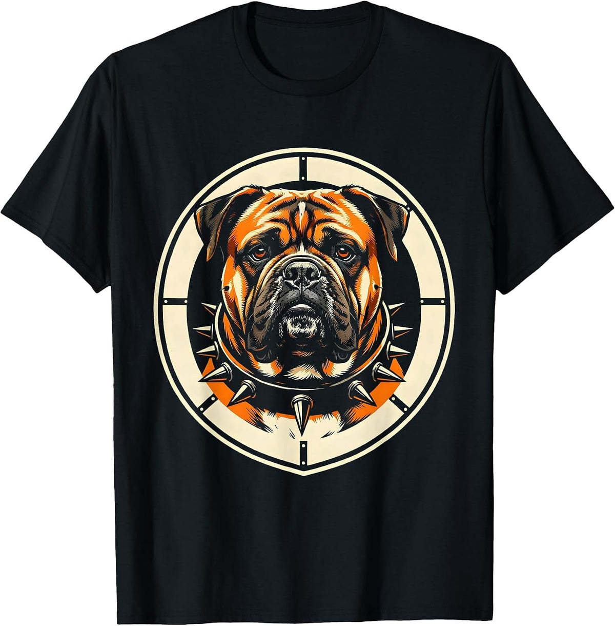 Men's Bull Mastiff Dog Spiked Collar Graphic Design T-Shirt - Black