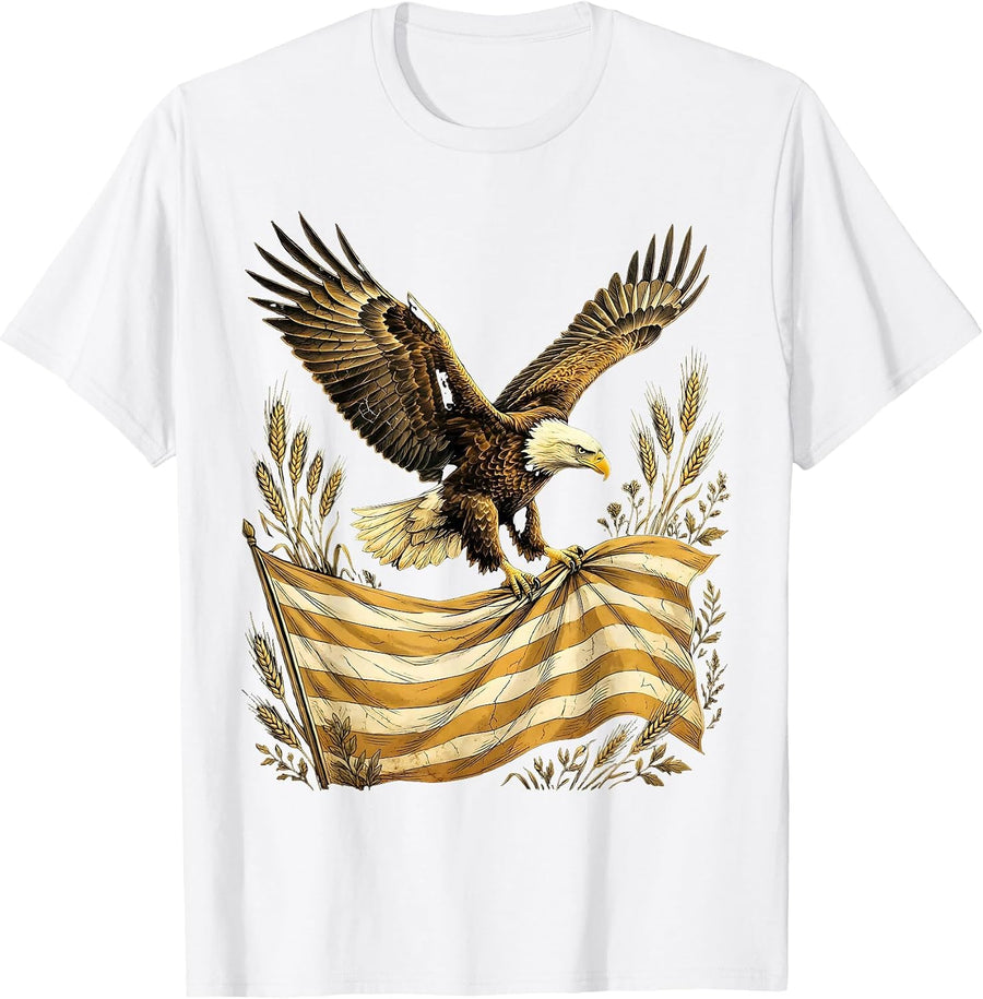 Men's Bald Eagle in Flight Over Waving Flag Illustration T-Shirt - White