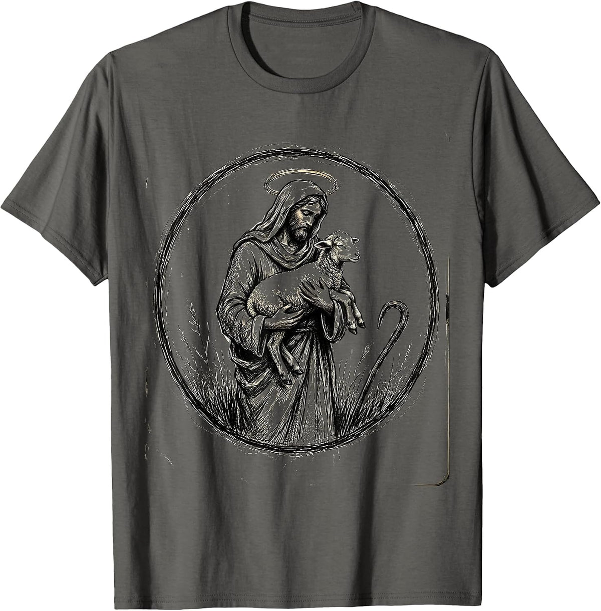 Shepherd Carrying Lost Sheep Christian Faith Design T-Shirt - Asphalt Grey