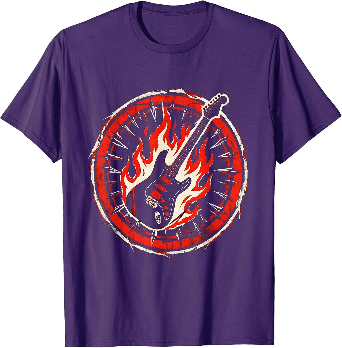 Flaming Electric Guitar 80s Rock Band Graphic T-Shirt - Purple