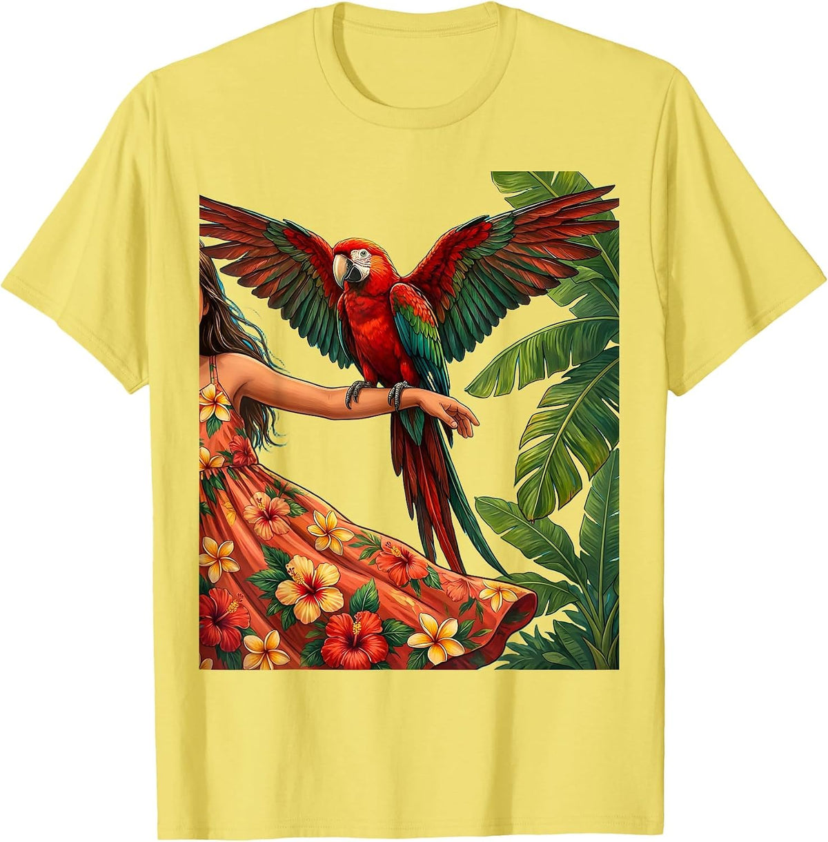 Men's Tropical Parrot on Outstretched Arm Hawaiian Design T-Shirt - Lemon Yellow