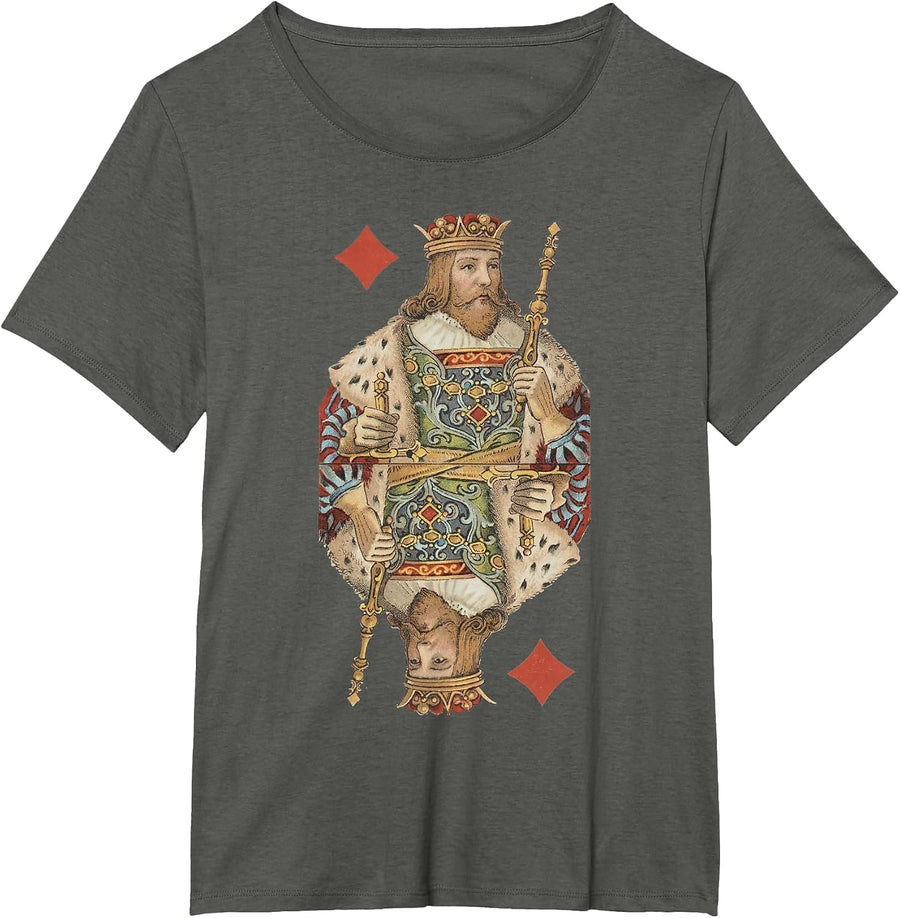 King of Diamonds Antique Art Nouveau Playing Card Art T-Shirt, Women's Plus, Asphalt Grey, 2X - As Pictured