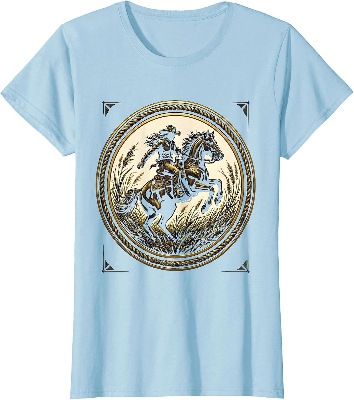 Cowgirl on Horseback Through Tall Grass Design T-Shirt - Baby Blue
