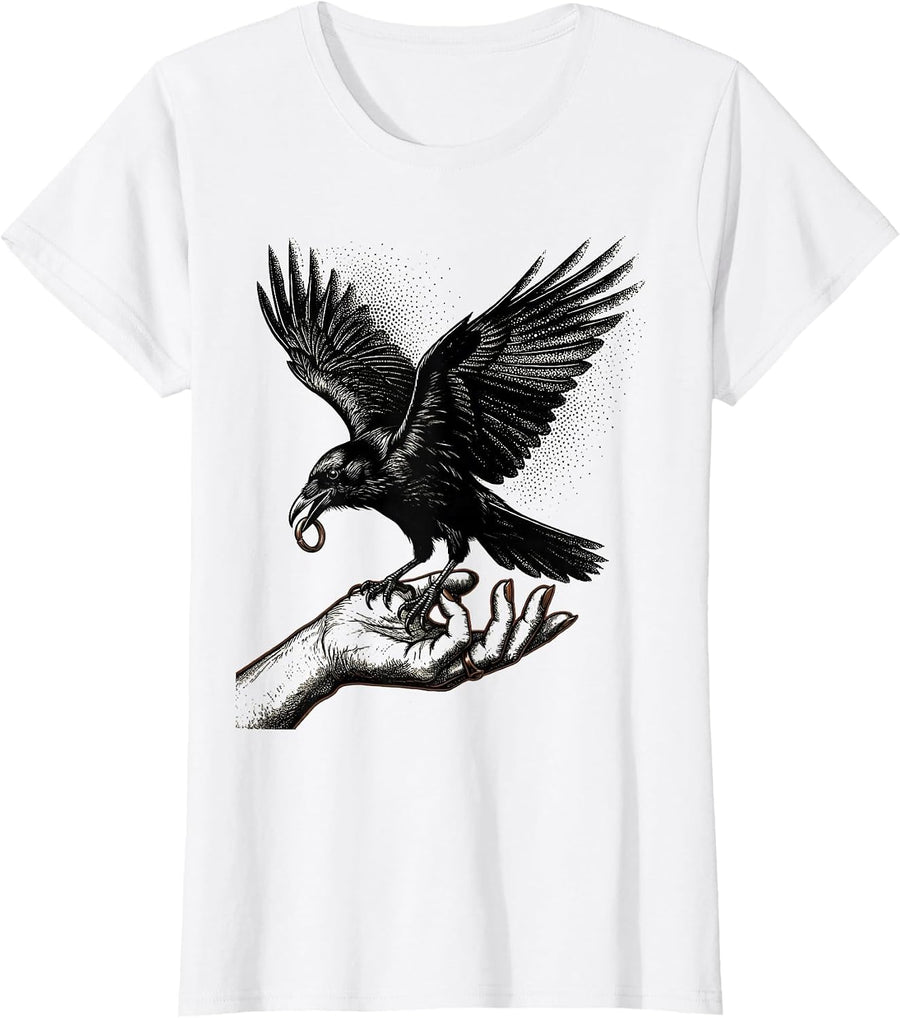 Women's Crow Stealing Ring From Open Hand Illustration T-Shirt - White