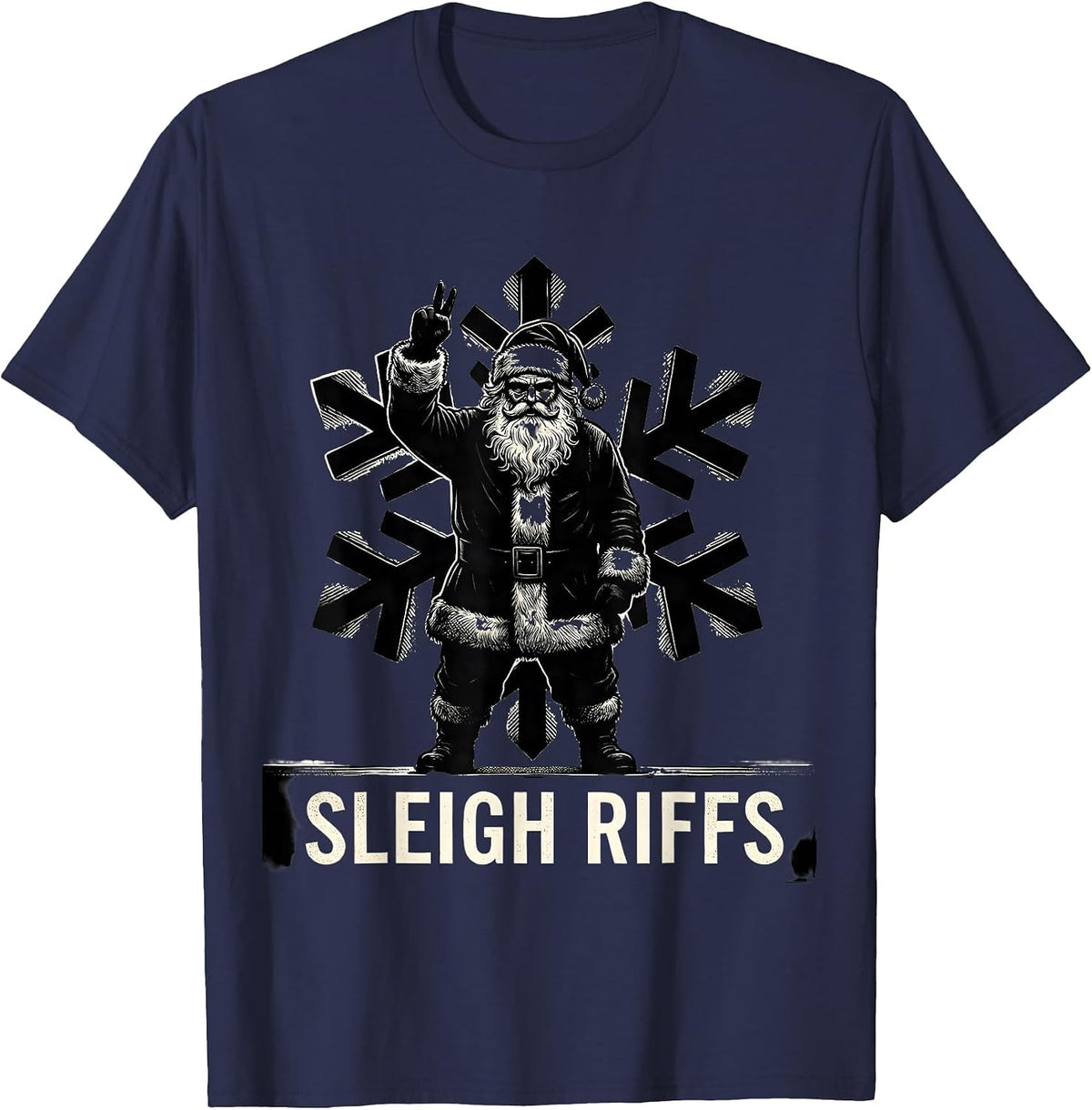 Men's Sleigh Riffs Heavy Metal Santa Claus Rock On Goth Christmas T-Shirt - Navy Blue