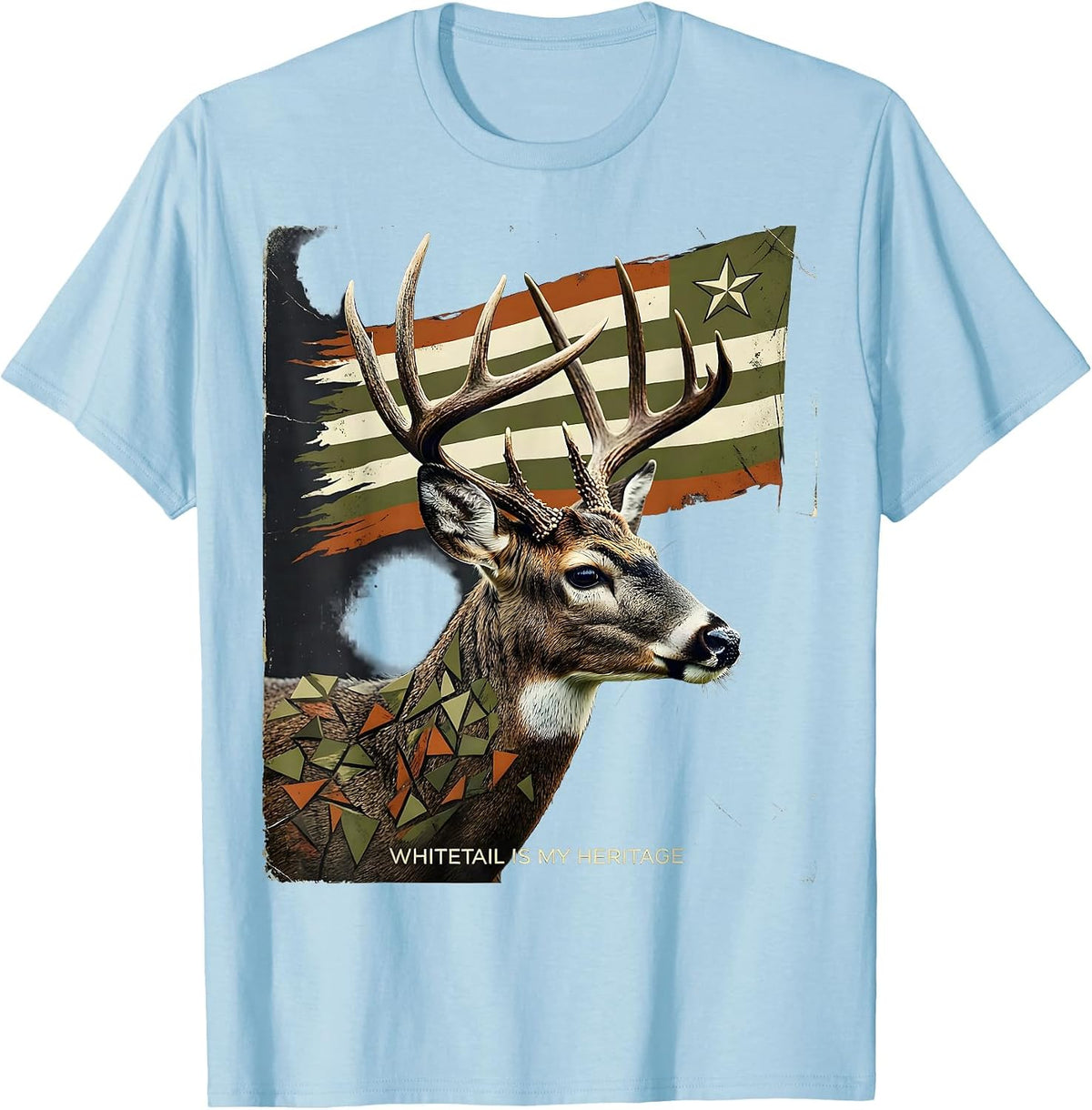 Men's Whitetail Is My Heritage Distressed Camo Deer Hunter Dad T-Shirt - Baby Blue