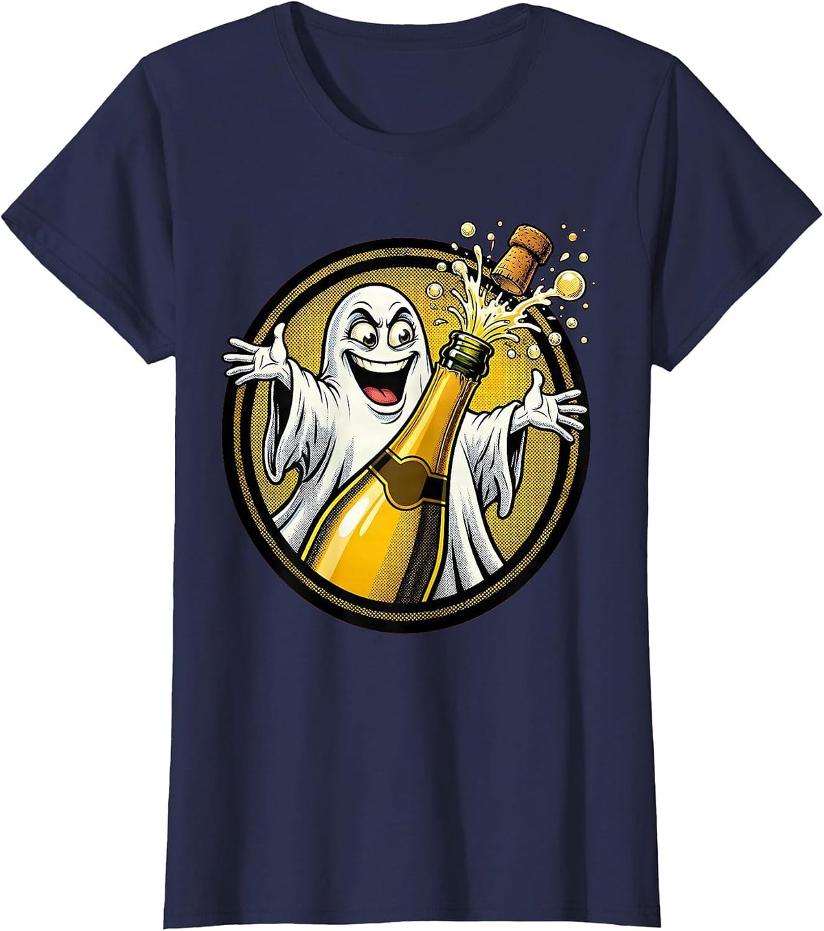 Women's Boo Jee Ghost Champagne Bottle Pop Art T-Shirt - Navy Blue