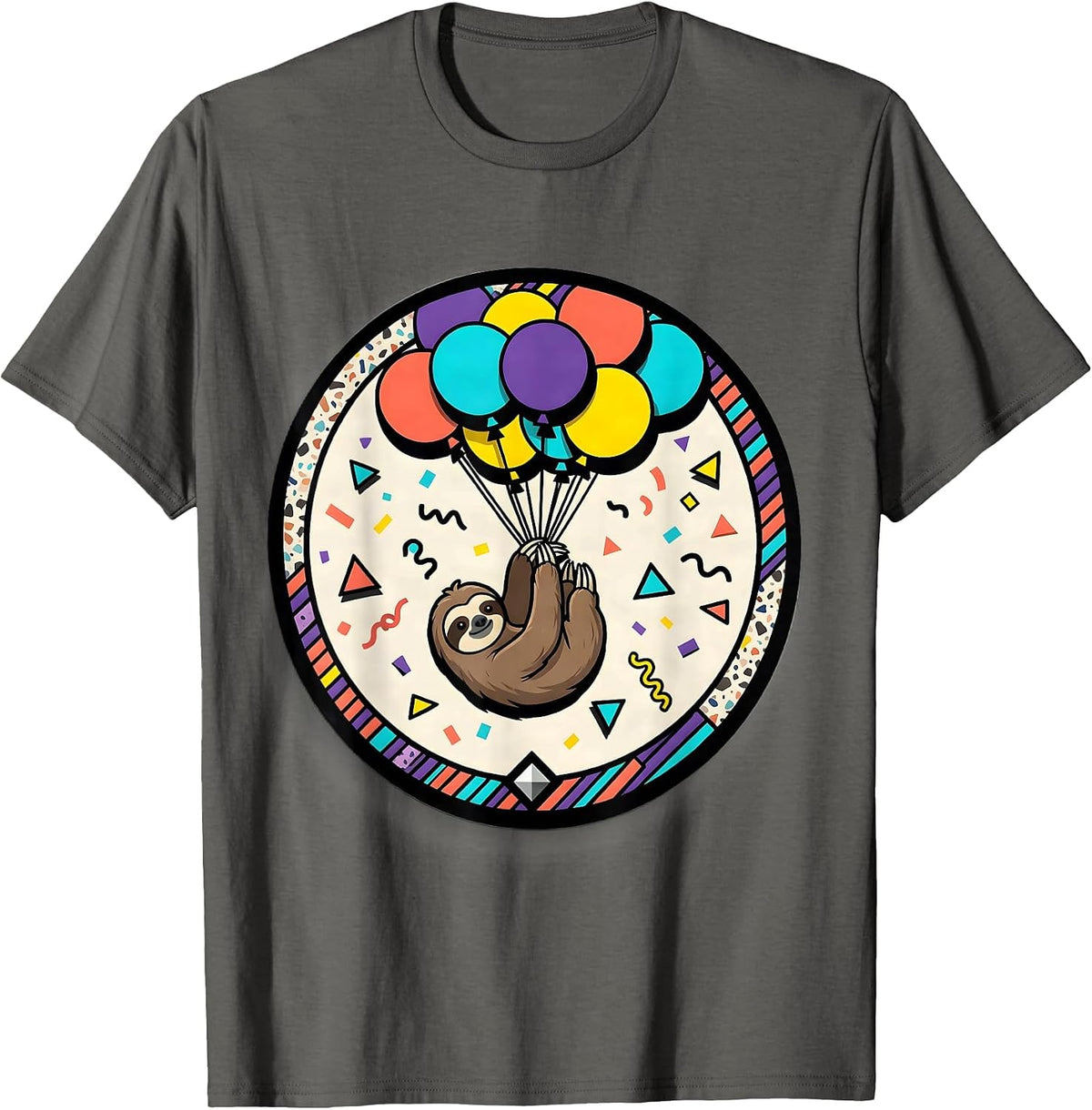 Men's Birthday Sloth Floating on Balloon Strings T-Shirt - Asphalt Grey