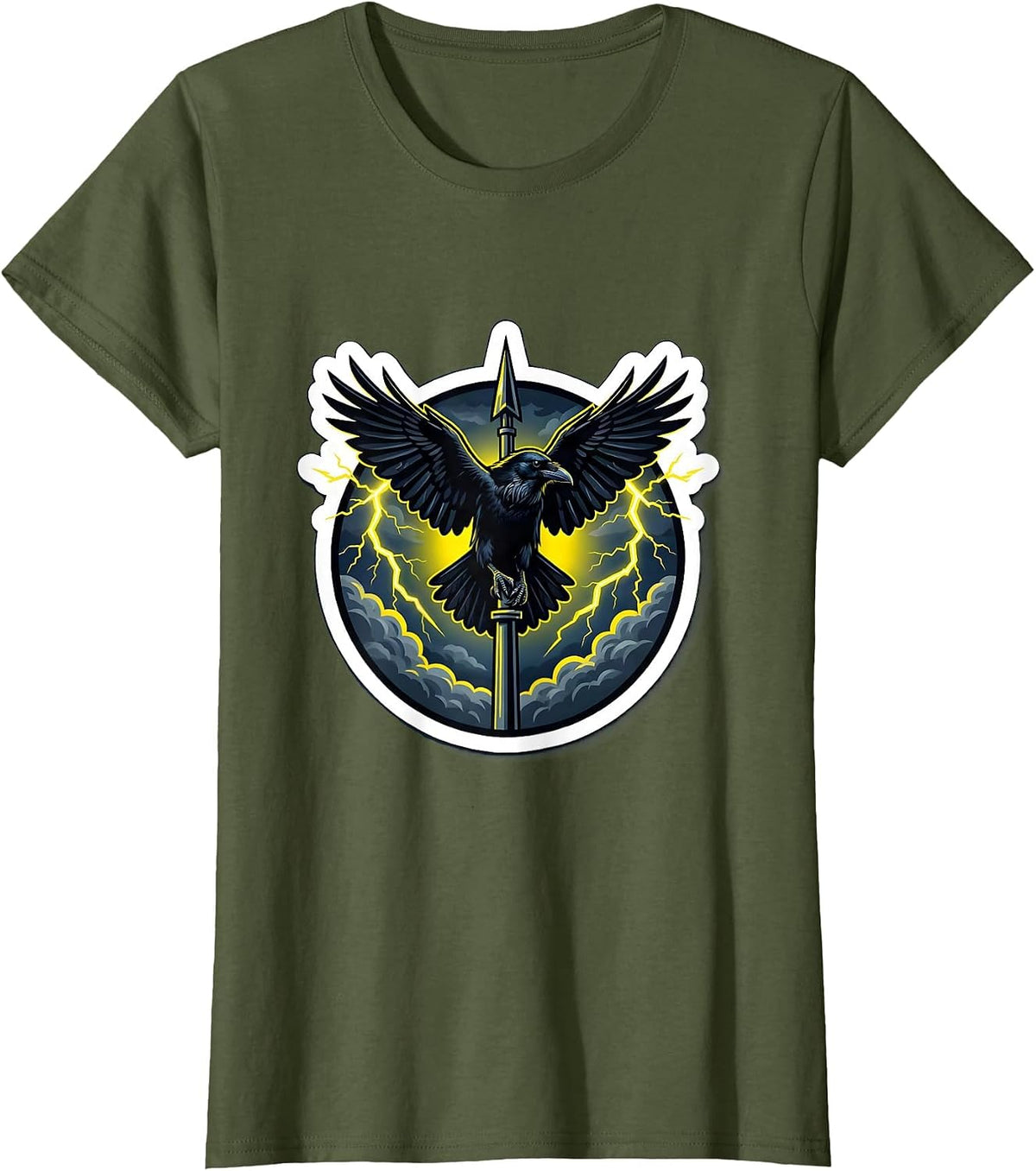 Women's Crow on Lightning Rod Storm Illustration T-Shirt - Olive Green