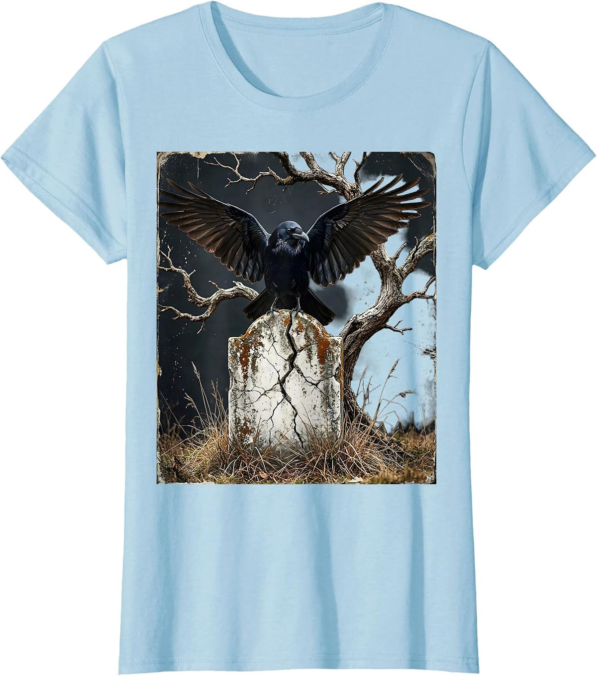Crow on Cracked Gravestone Halloween Graphic T-Shirt - Baby Blue
