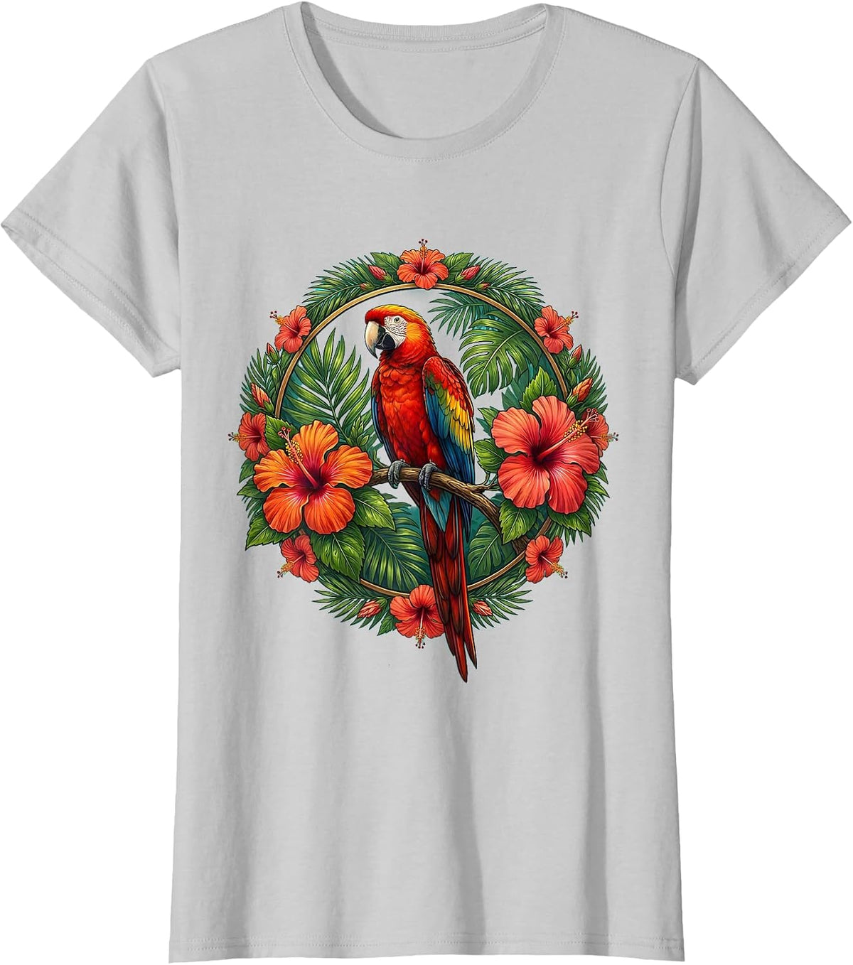 Colorful Parrot on Hibiscus Branch Hawaiian Design T-Shirt - Silver Grey
