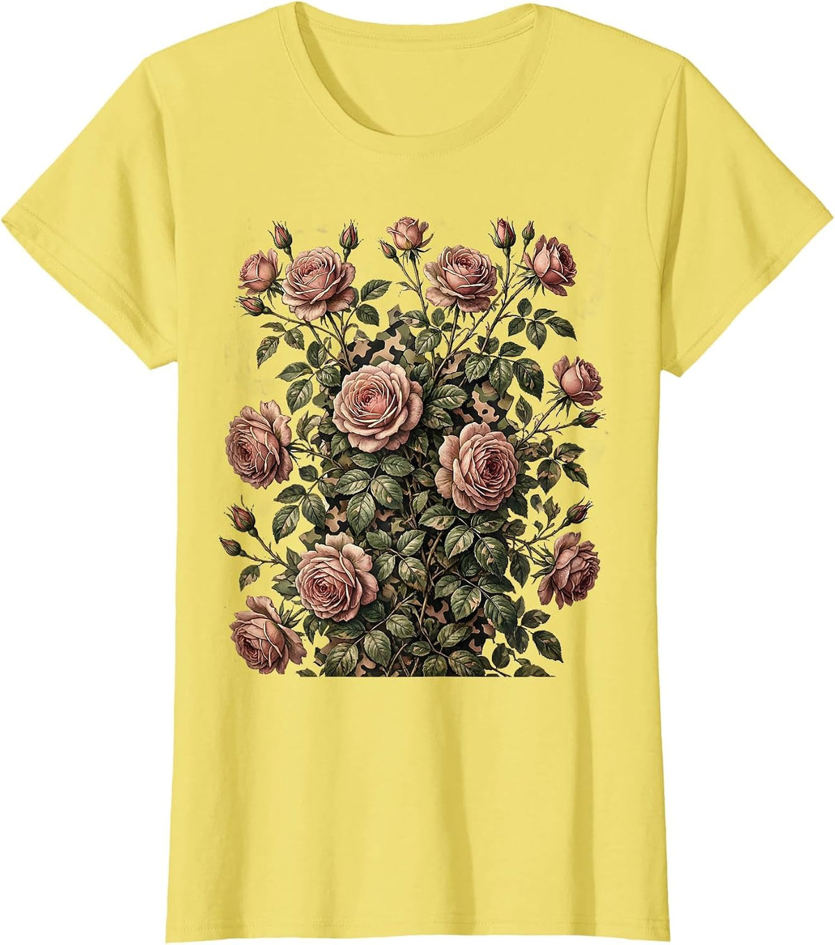 Pink Camo Climbing Roses Floral Tank Illustration T-Shirt - Lemon Yellow