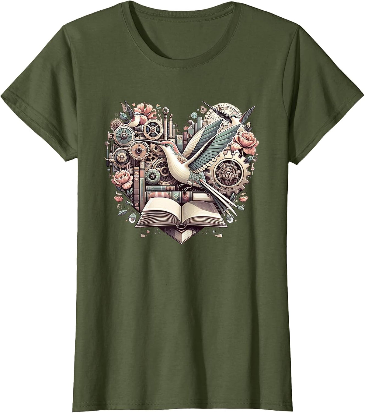 Hummingbird Steampunk Imagination Hearts Valentine T-Shirt - Olive Green