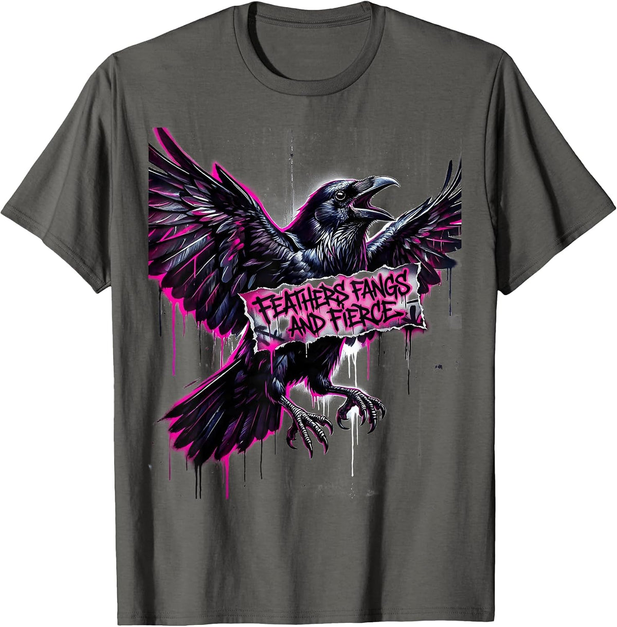 Feathers Fangs and Fierce Crow Design T-Shirt - Asphalt Grey