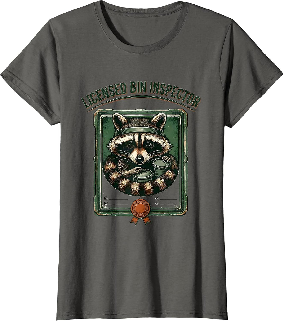 Women's Licensed Bin Inspector Vintage Funny Raccoon Trash Panda T-Shirt - Asphalt Grey