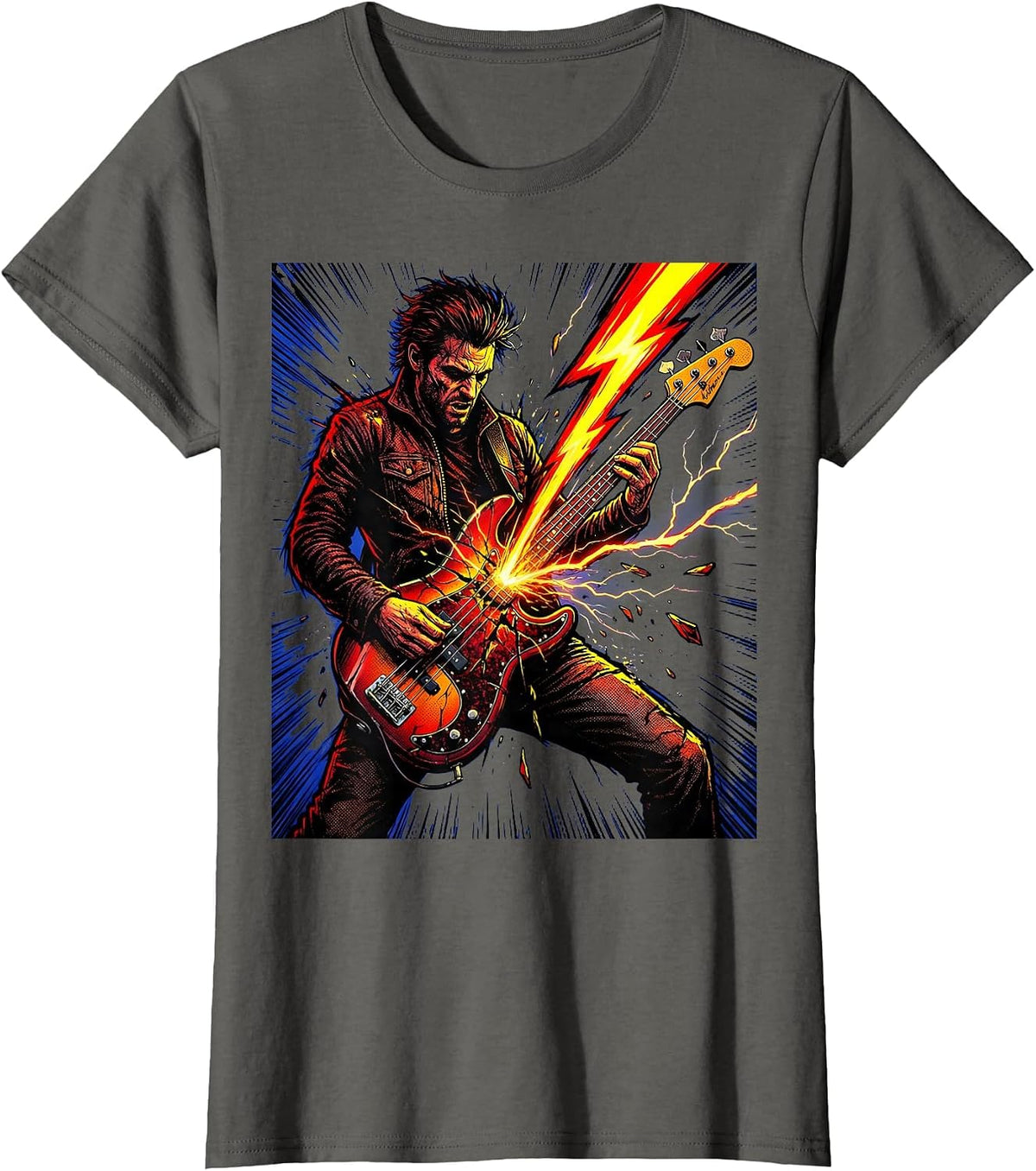 Women's Bassist Lightning Bolt Bass Guitar Rock Band Tee T-Shirt - Asphalt Grey