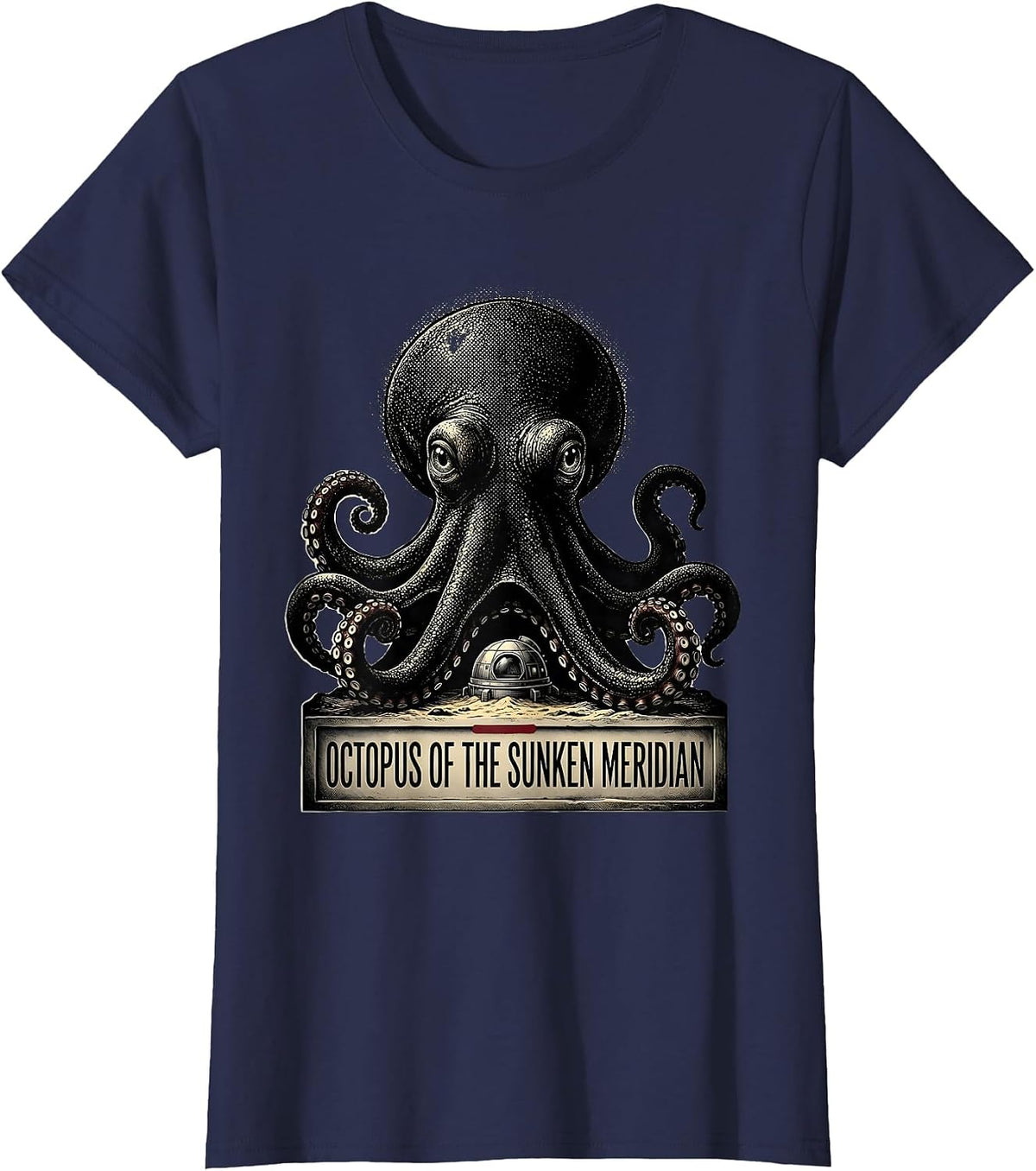 Women's Octopus of the Sunken Meridian Blackwork Dotwork Ocean T-Shirt - Navy Blue