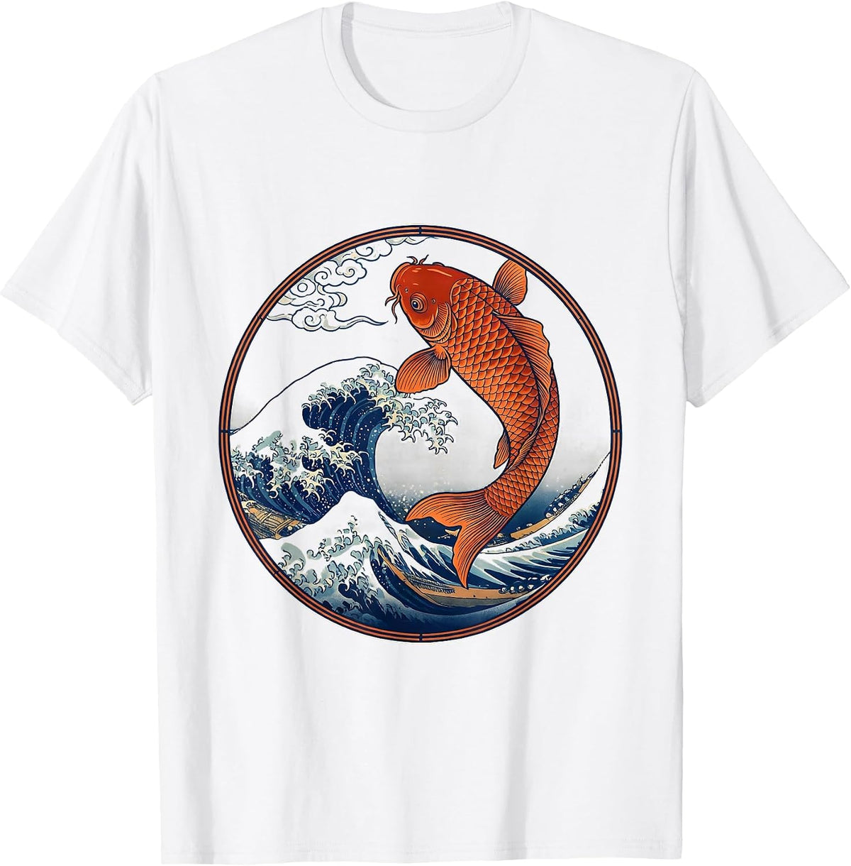 Men's Koi Fish Leaping Through Crashing Wave T-Shirt - White