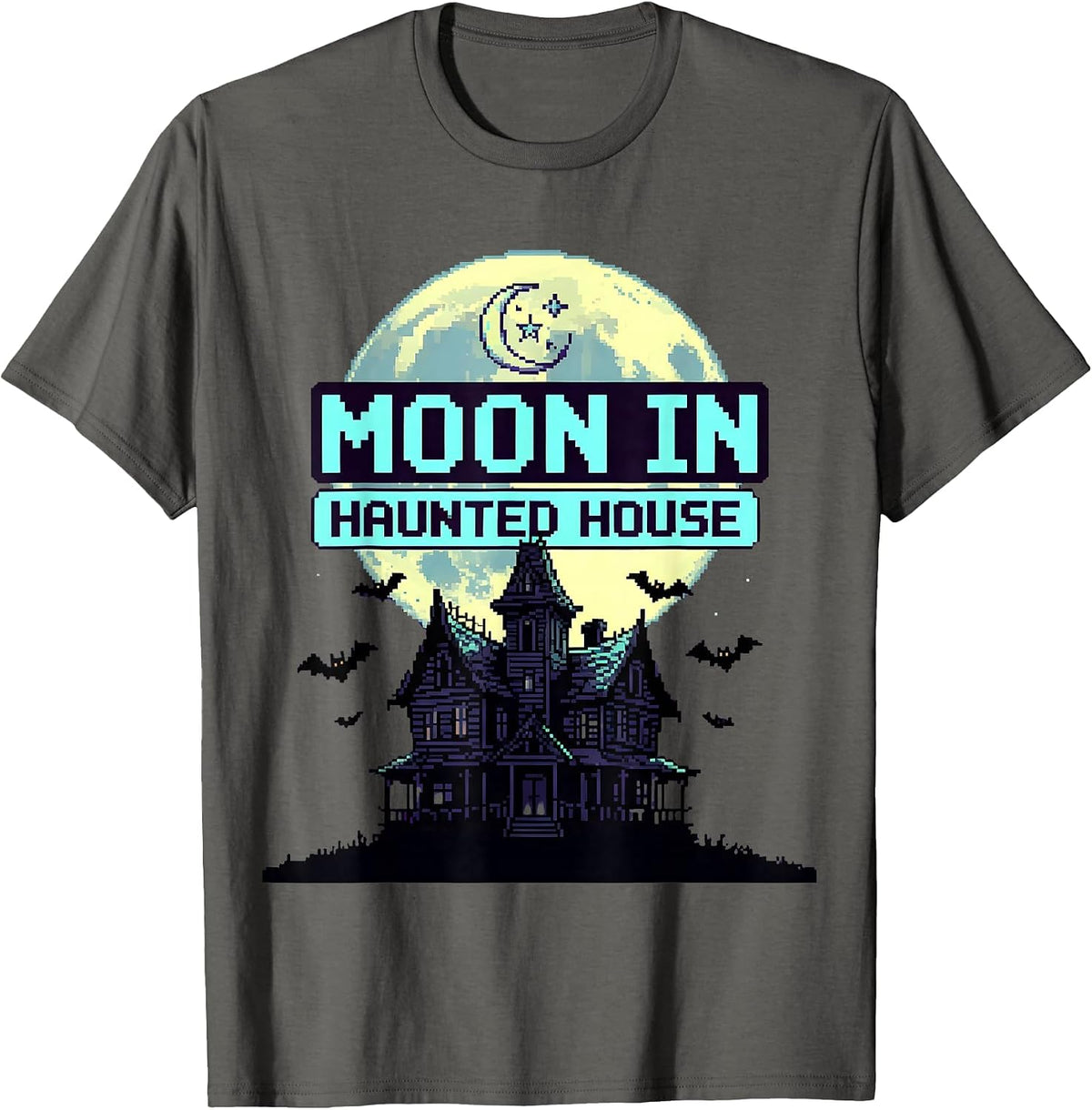 Moon in Haunted House Halloween Astrology Design T-Shirt - Asphalt Grey