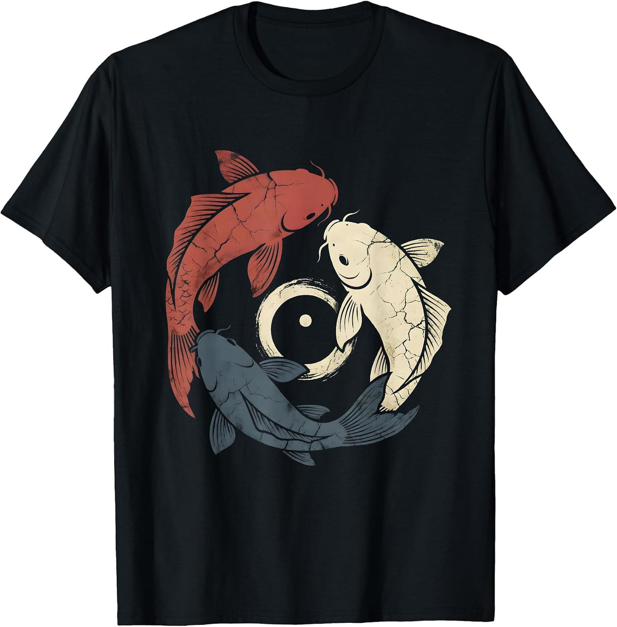 Men's Red White and Blue Koi Fish Swirl Graphic T-Shirt - Black