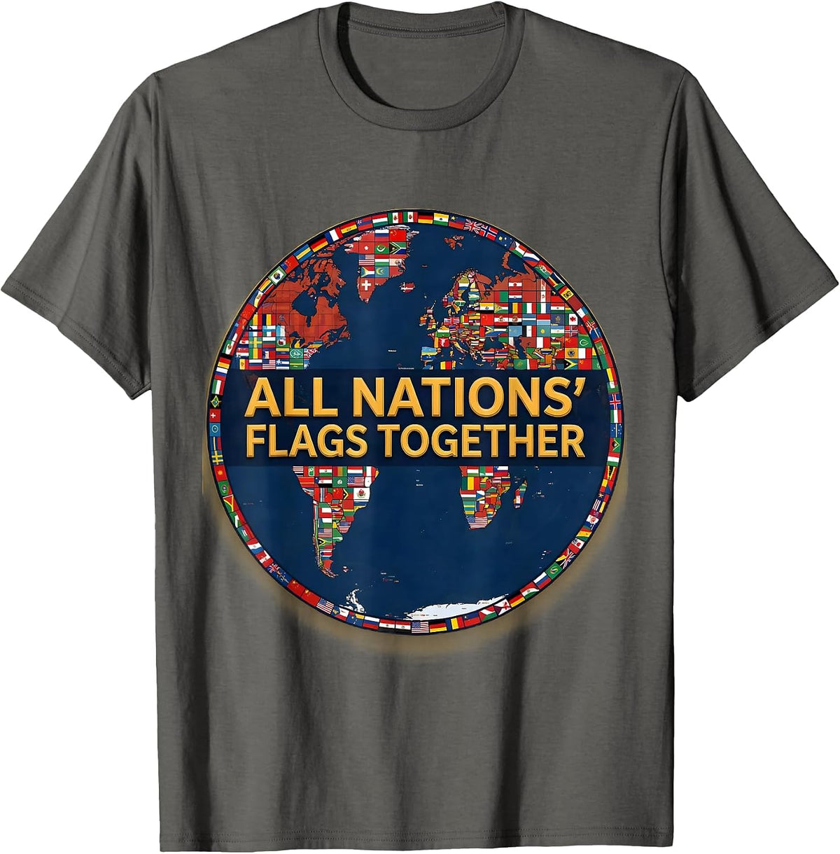 Men's All Nations' Flags Together Geography Lover Travel T-Shirt - Asphalt Grey