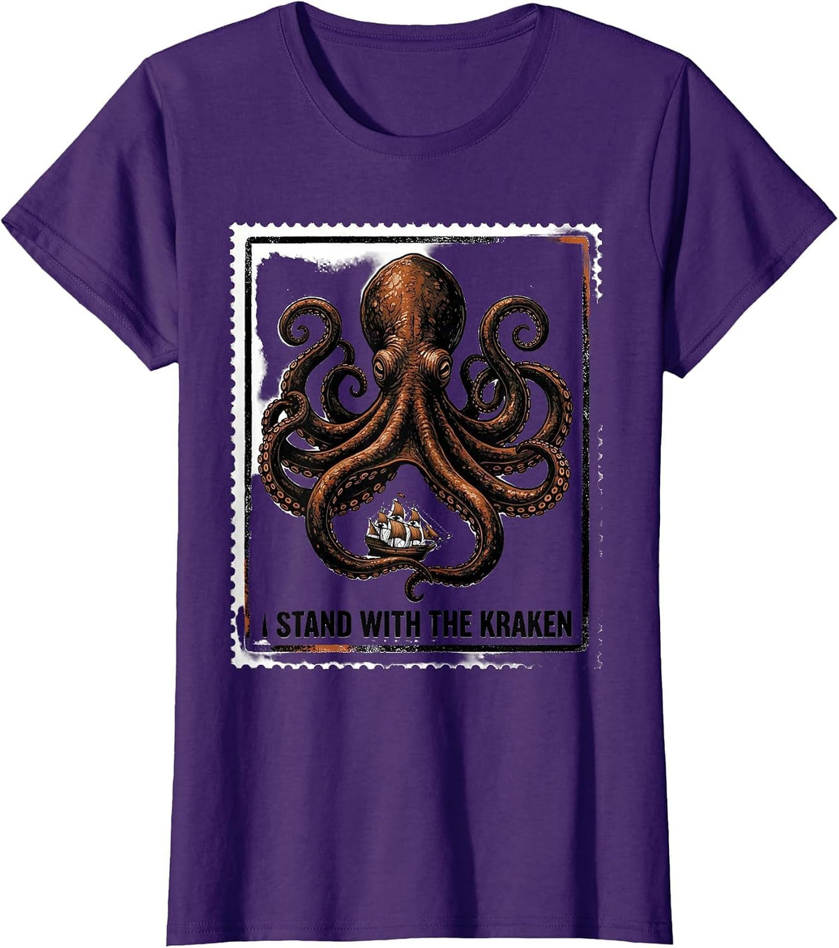 Women's I Stand With The Kraken Vintage Japanese Kraken Octopus T-Shirt - Purple