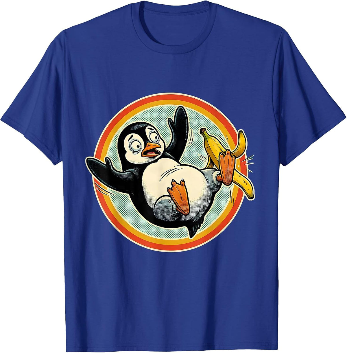 Men's Funny Penguin Banana Peel Slip Comic Art T-Shirt - Royal Blue