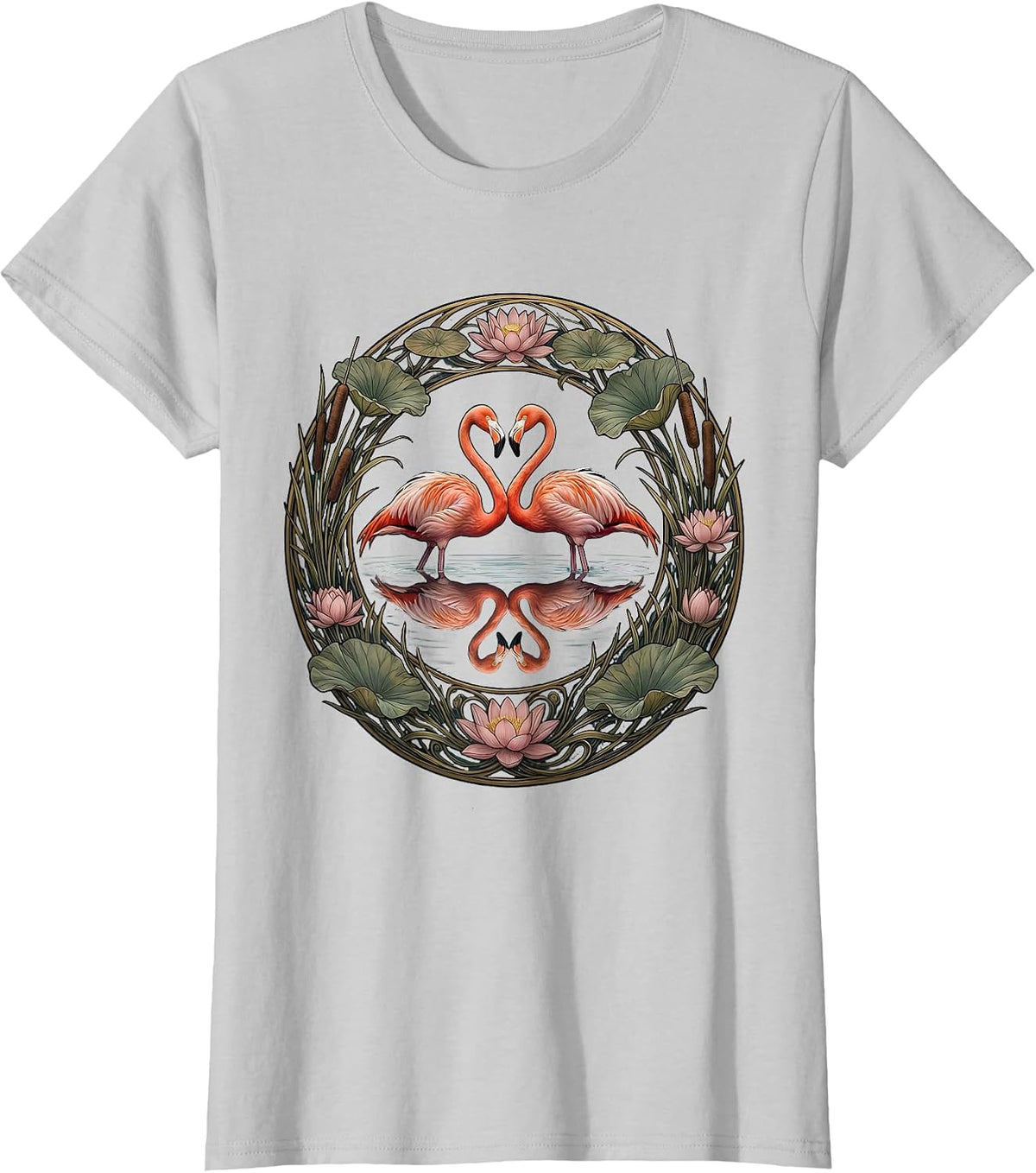 Flamingo Lake Reflection Mirrored Illustration T-Shirt - Silver Grey