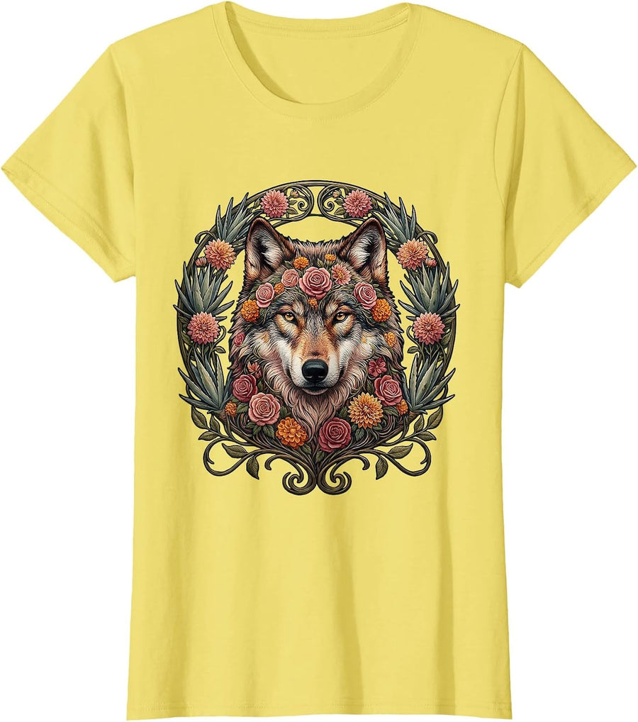 Mexican Floral Wolf Embroidery Art Design T-Shirt - Lemon Yellow