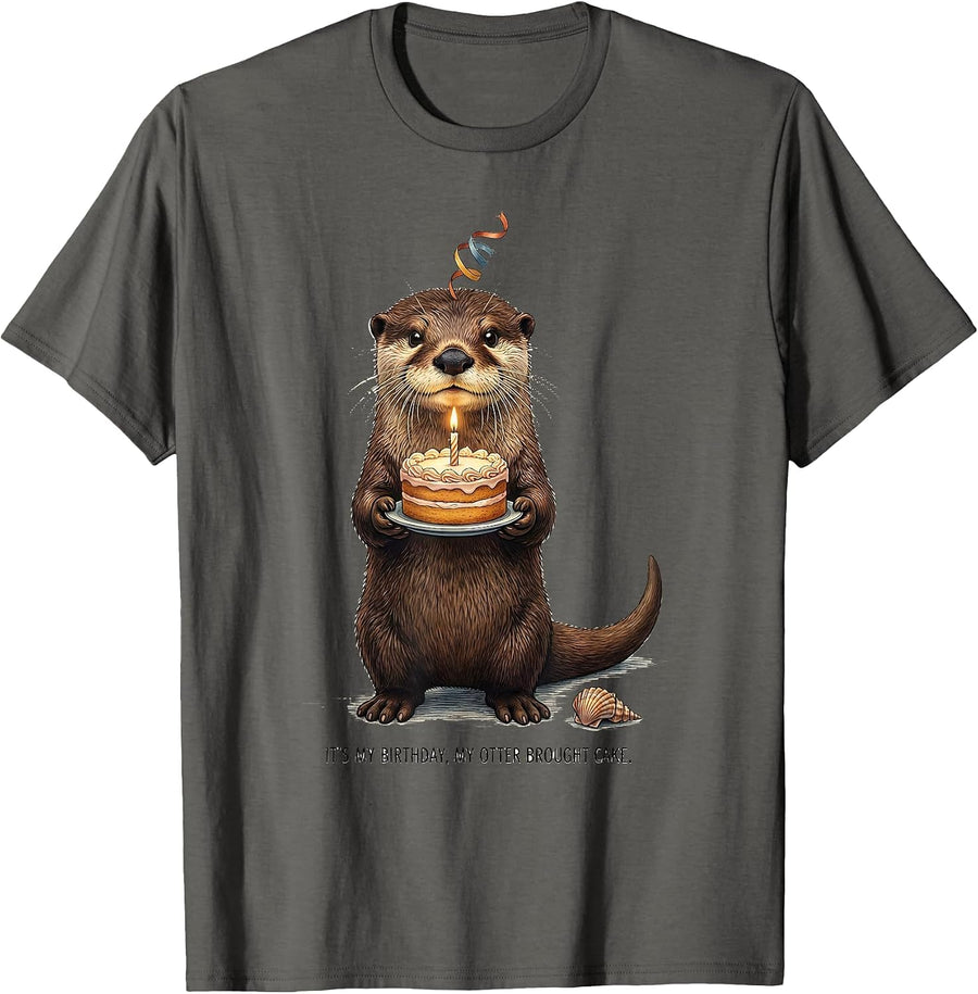 It's My Birthday My Otter Brought Cake Funny Otter Lover T-Shirt - Asphalt Grey