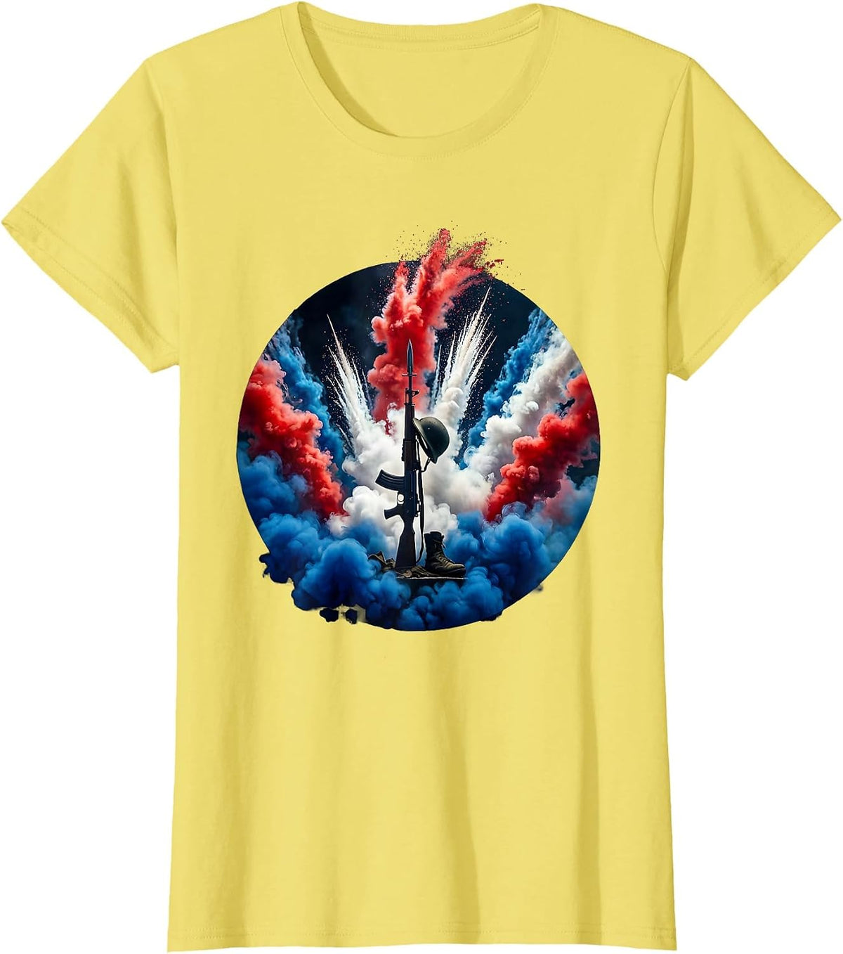 Soldier Boots Helmet Rifle Memorial Patriotic T-Shirt - Lemon Yellow