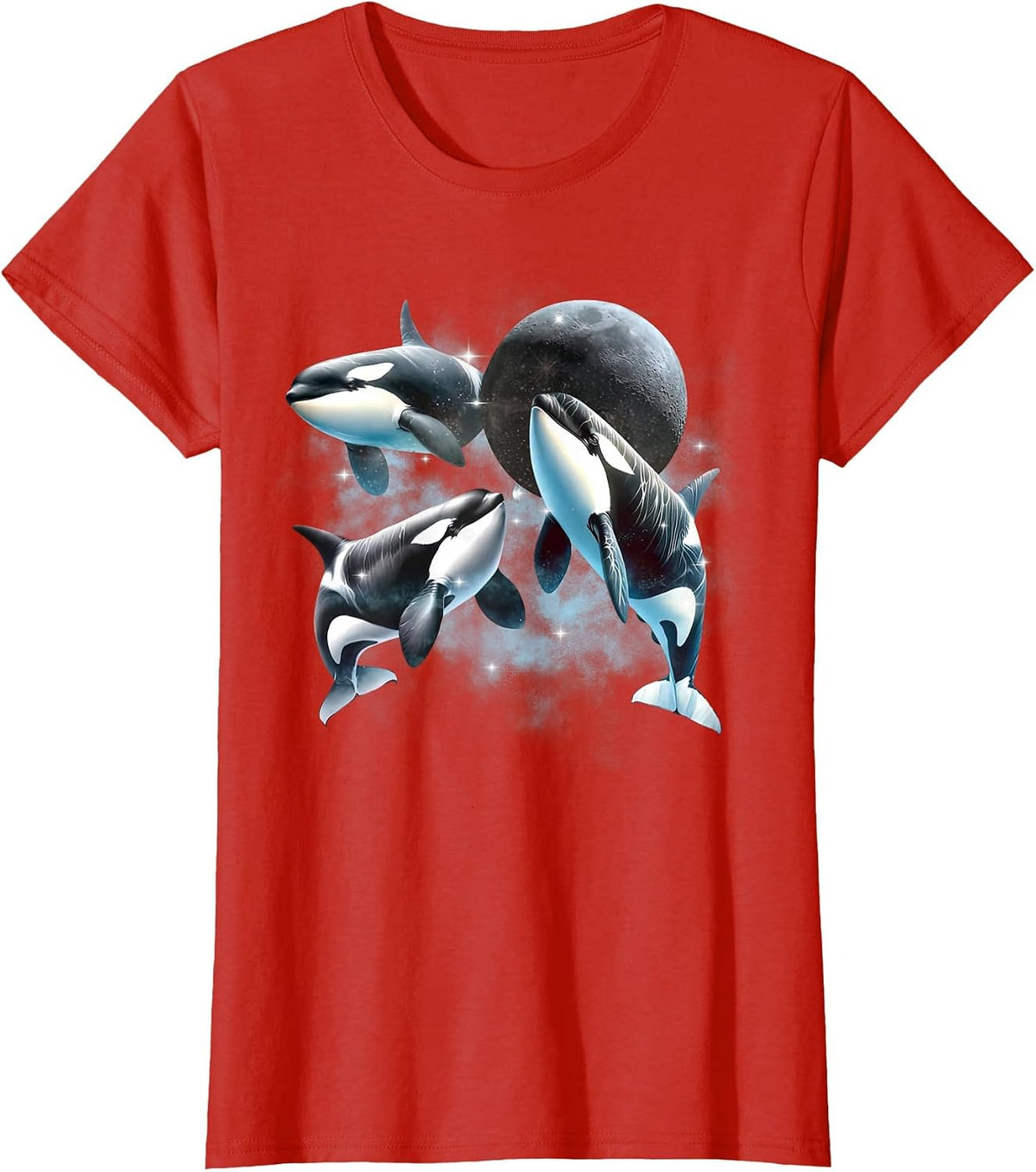 Three Orcas Howling The Moon Vintage 90s Sea Animal Moon T-Shirt - Red