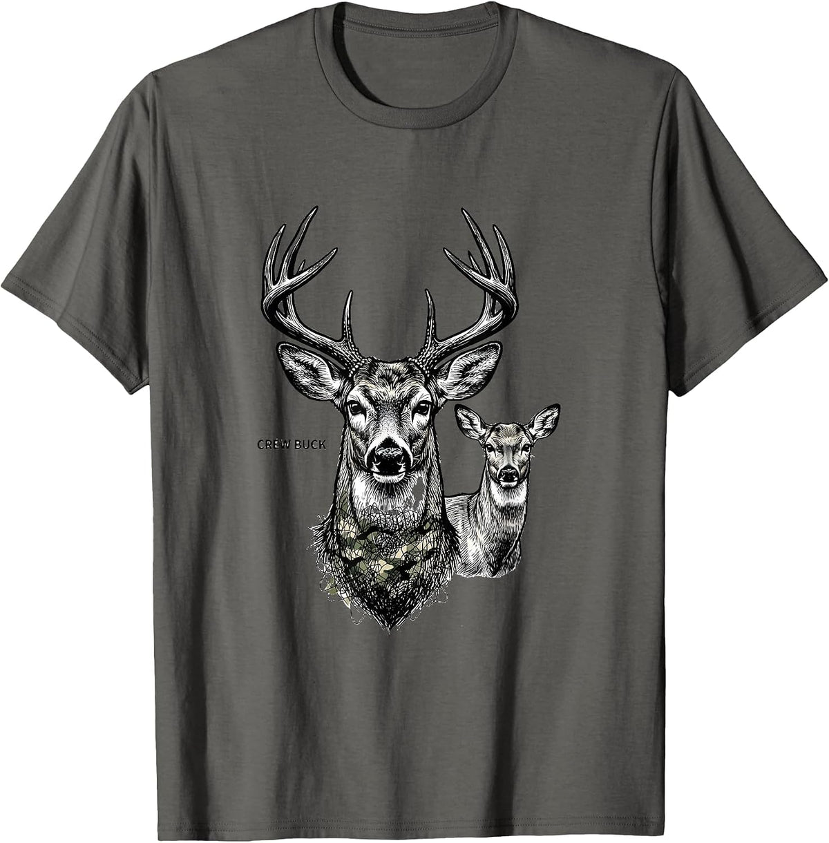 Crew Buck Line Art Camo Deer Hunting Youth Humor T-Shirt - Asphalt Grey
